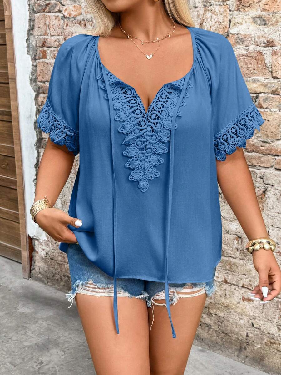 SHEIN Holidaya Plus Size V-Neck Lace Trim Raglan Sleeve Tie Collar Blouse - Blue - View 1