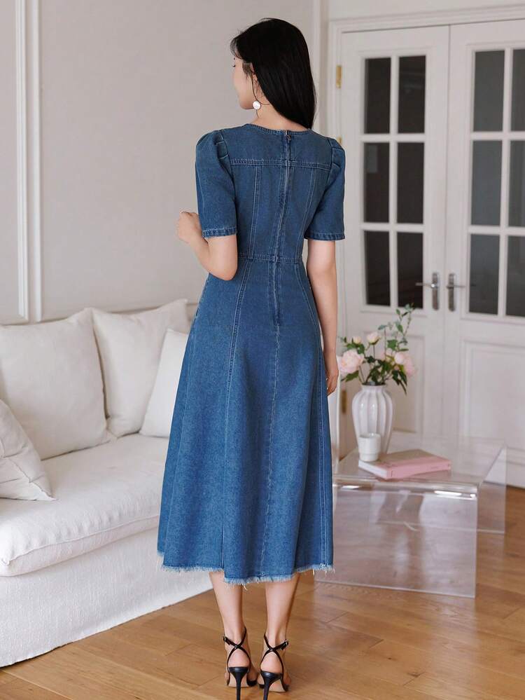 Casual Elegant Distressed Vintage Denim Dress For Women, Spring & Summer