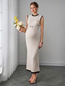 Momance Sleeveless Round Neck Maternity Dress With Metal Waist Buckle, Fitted Silhouette, Back Slit, Color Blocking - Apricot - View 3