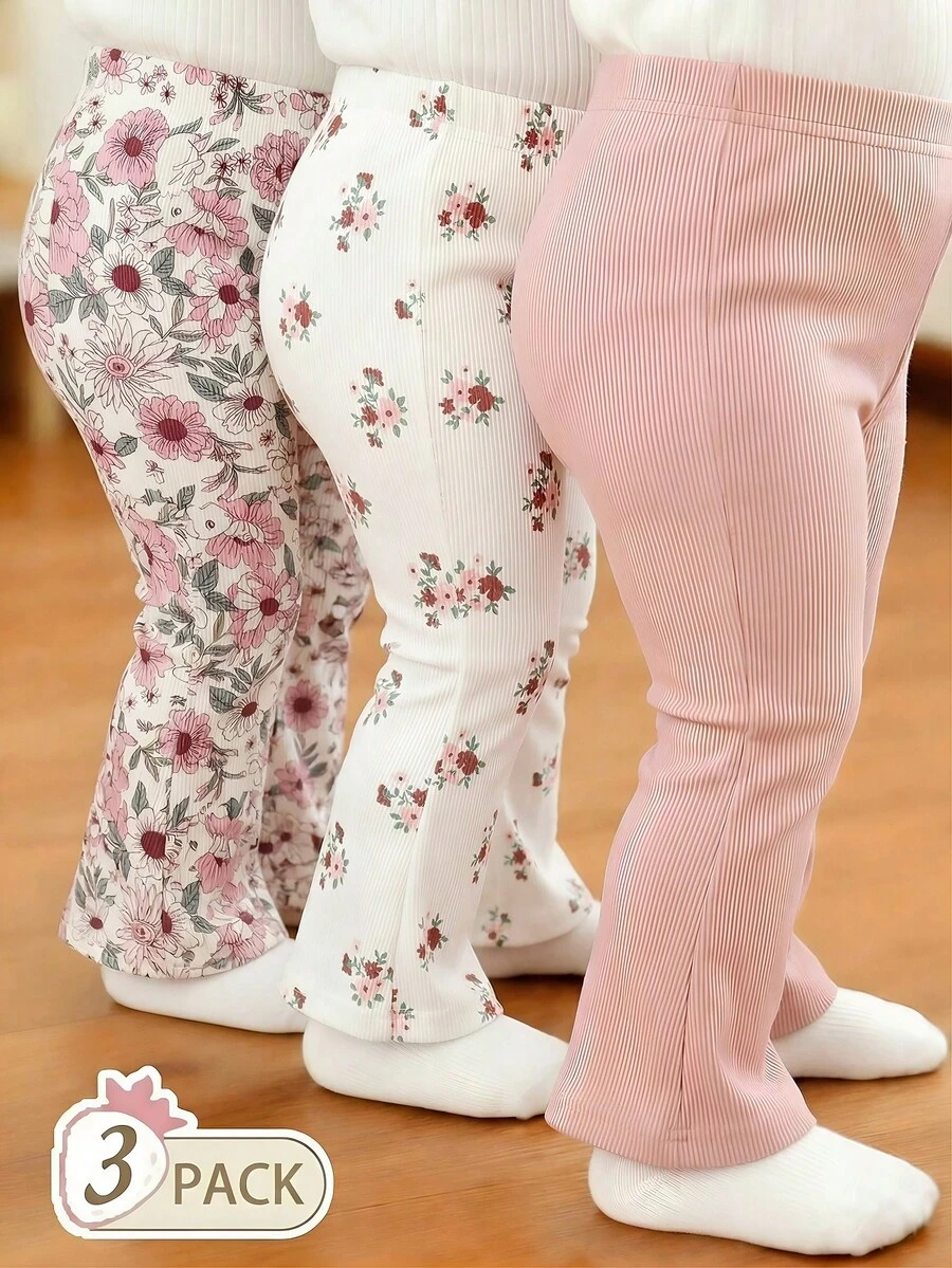 Souflis Souflis 3条装女婴休闲基础款罗纹针织双心印花喇叭裤修身柔软厚实长裤打底裤运动裤日常上学玩耍派对春夏秋季