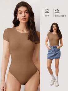 SHEIN BASICS Women's Solid Color Round Neck Casual Bodysuit, Versatile For Daily Wear Summer Outfit For Women - Camel - View 8