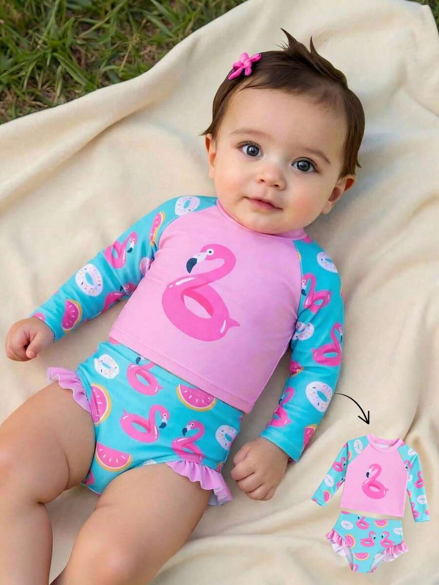 女婴卡通印花长袖防晒衣和三角比基尼泳衣套装,适合游泳、海滩、泳池 - 彩色 - 查看 1