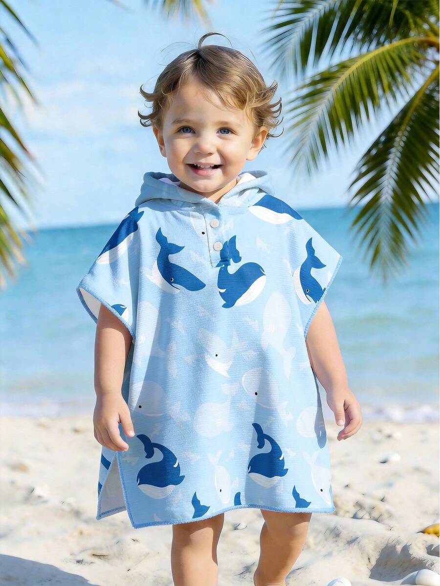 Toalla con capucha estampada con tiburón de dibujos animados para bebés/niños pequeños, bata de baño, pareo de playa, esencial de traje de baño, esencial de baño - Azul - Ver 1