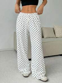 CovetEZ 女士休闲宽松黑白波点印花阔腿直筒裤，适合春夏、度假、居家休闲、温馨居家氛围、户外旅行 - 彩色 - 查看 3