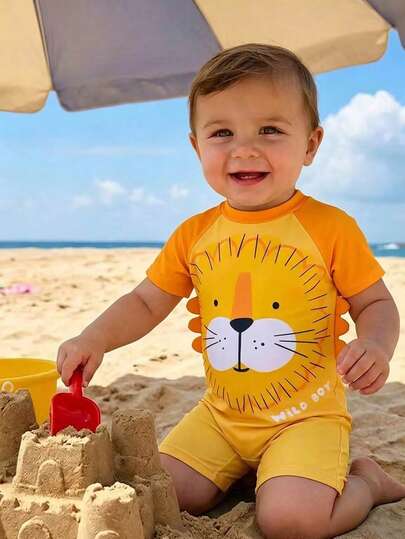 SHEIN Baby Boy Cartoon Tiger Printed Back Zipper One-Piece Swimsuit With Side 3D Decoration
