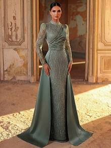 Aureia Đầm maxi dáng đuôi cá sang trọng, đính cườm, thêu sequin, tay voan mỏng, chất liệu satin, thích hợp cho đám cưới, tiệc tùng, kỳ nghỉ, dạ hội và các sự kiện trang trọng (được trang trí cầu kỳ). - màu xanh lá - Xem 4