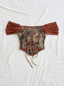 Soleia Áo ống kiểu dáng cổ điển sang trọng với họa tiết hoa jacquard nhiều màu sắc, có cúc và dây buộc phía sau, thích hợp cho kỳ nghỉ và hẹn hò. - Cà phê nâu - Xem 2