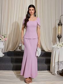 Modelyn 2 piezas Conjunto elegante de mujer con cinturón de unicolor y decoración con flecos - Rosa - Ver 3