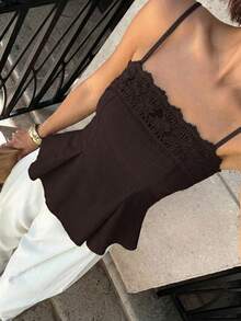 Mirada de sirena 2026 Nueva camiseta de mujer con ribete de encaje, top corto y sexy sin tirantes con ribete de encaje, top con cuello de encaje, top de mujer de cuello cuadrado, top de ganchillo, top de encaje de mujer, camiseta casual de verano de color albaricoque sólido minimalista, top de campesina de encaje crema, top de tirantes, top con volante y ribete de encaje, blusa de estilo francés, blusa para mujer elegante y clásica, blusas y tops de mujer para el verano - Marrón - Ver 6