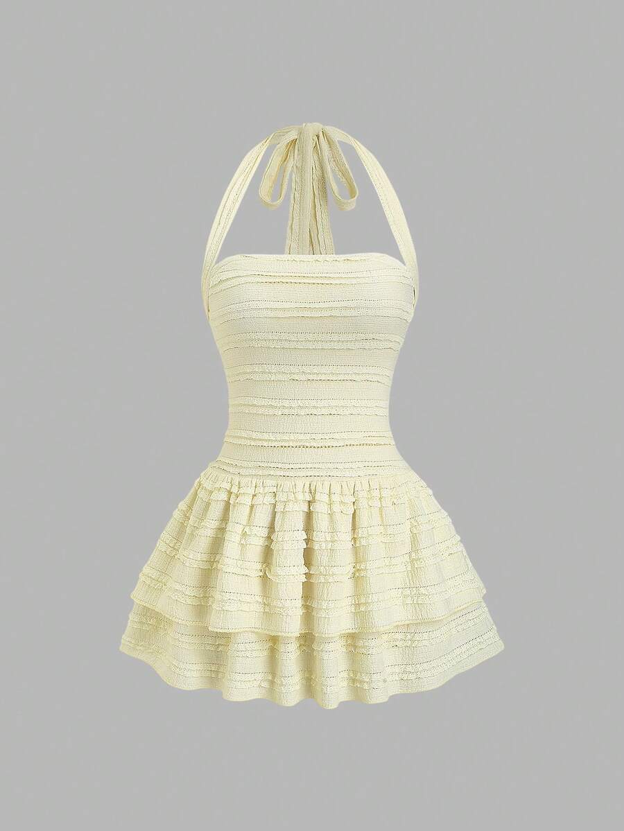 Sweetra Rok Model Puff Pinggang Tinggi Bertekstur Warna Polos Kasual Baru dengan Tali Pengikat, Cocok untuk Pemakaian Sehari-hari di Musim Semi/Panas - Kuning - View 1