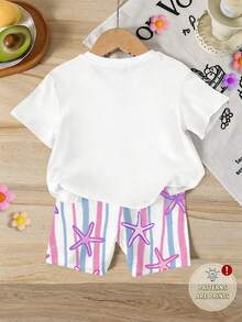 SHEIN 小女孩棕榈树印花短袖T恤和短裤休闲套装 - 白色 - 查看 3