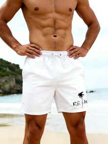 Palasendo Quần bơi nam họa tiết cây dừa & chữ cái có dây rút ở eo, phong cách Hawaii - trắng - Xem 5