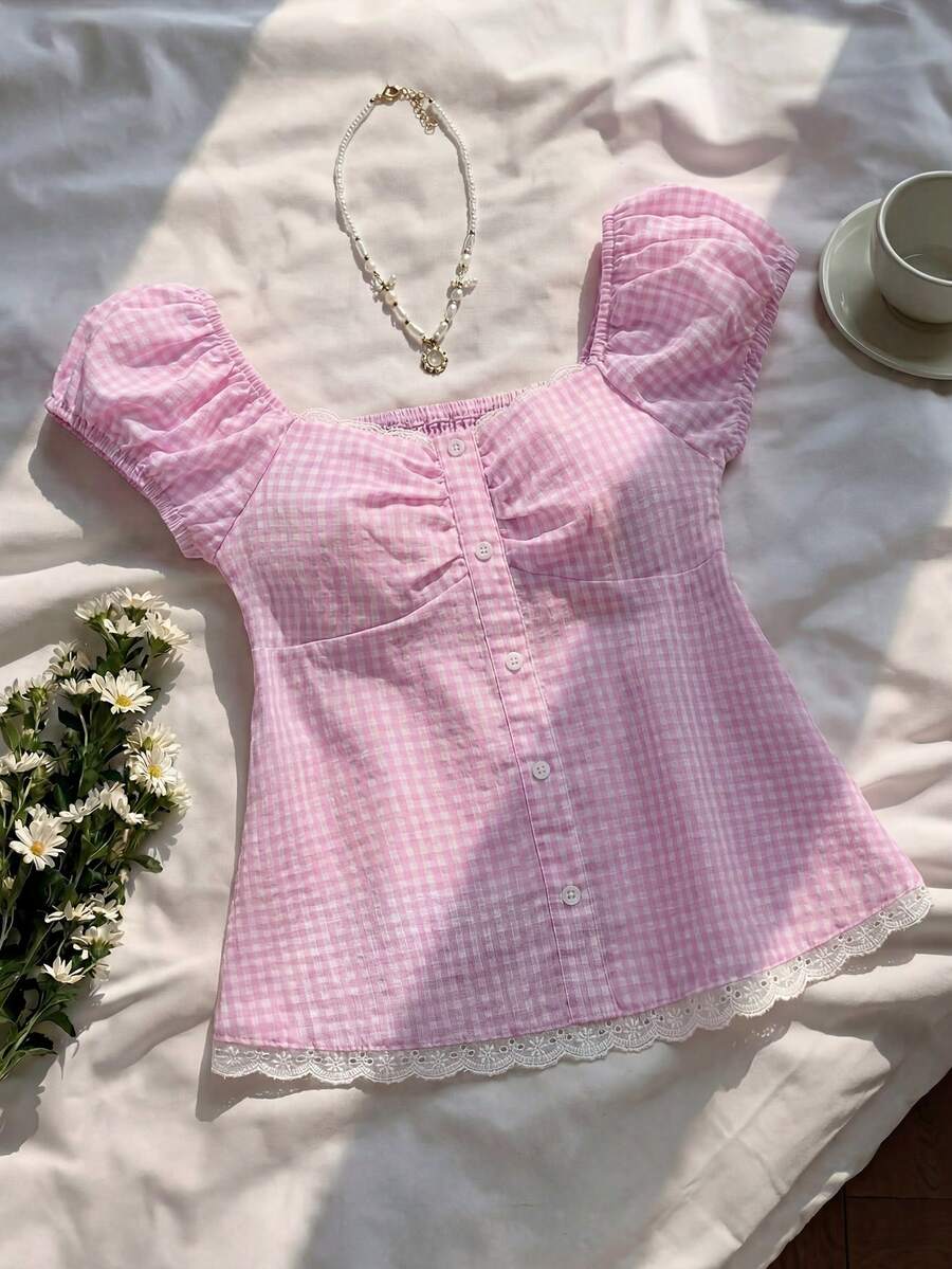 SHEIN Tween Girl Casual Minimalist Comfortable Plaid Back Strap Shirt - Pink - View 1