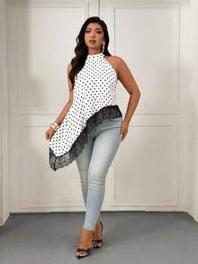 Femmeverse Plus Size Women's Fashionable Polka Dot Halter Neck Asymmetrical Ruffle Hem Sleeveless Top - White - View 5