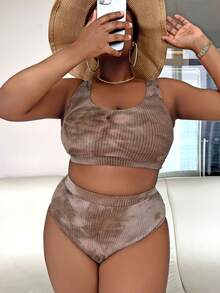 Slaydiva Conjunto de 2 piezas de bikini con estampado de teñido anudado para mujer de talla grande, conjunto de vacaciones de verano casual y de moda de 2 piezas para mujer - Marrón - Ver 4