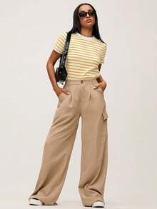 SHEIN BASICS 女款條紋休閒百搭日常短袖T恤黃色條紋上衣夏季上衣 - 黃色 - 查看 7