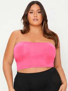 SHEIN BASICS 大码女式纯色露脐时尚抹胸上衣 - 玫紅色 - 查看 5