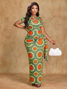 Brilight 女士优雅性感连衣裙，前开襟设计。南非传统服饰。适合派对和下午茶场合。艺术印花。春夏时尚色彩。艺术摄影礼服。音乐节服装。夏季女装。 - 橘色 - 查看 3