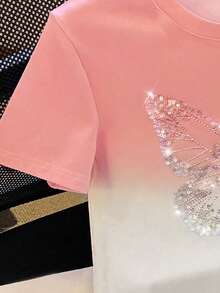 Girls' Short Ombre Gradient Sequin Butterfly Print T-Shirt, Suitable For Outdoor, Spring, Summer, Autumn - Multicolor - View 4