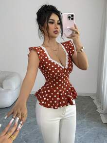 Elenzga Women's Elegant Polka Dot Print Ruffle Hem Waist Shirt, Summer - Orange - View 3