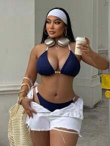 Swim SXY Plus Size Women 2pcs Solid Color Halter Tie Sexy Beach Resort Bikini Swimwear - Blue - View 5
