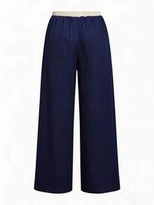 Swim Chiccia 女士夏季沙滩撞色系带宽松直筒阔腿休闲度假优雅罩衫裤套装 - 藏蓝色 - 查看 8