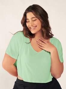 SHEIN BASICS 大码女式纯色休闲百搭日常T恤 - 綠色 - 查看 2