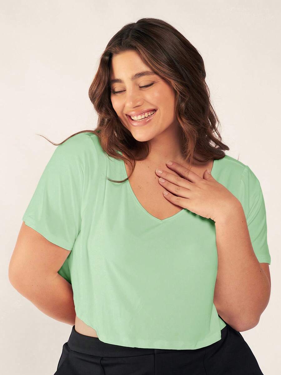 SHEIN BASICS 大码女式纯色休闲百搭日常T恤