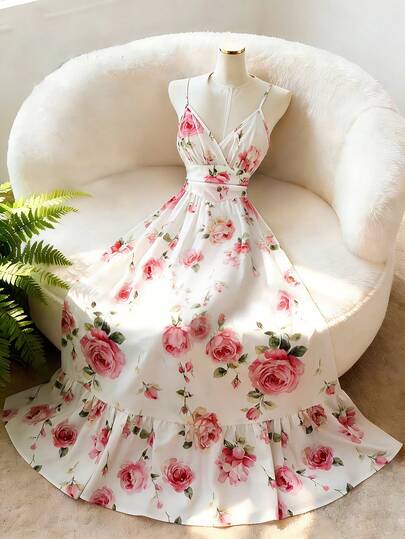 SHEIN Franclia Đầm maxi hai dây in hoa dành cho nữ, kiểu dáng bohemian, thắt eo thanh lịch, thích hợp cho mùa xuân/hè, đi biển, hẹn hò, dự tiệc và mặc hàng ngày.