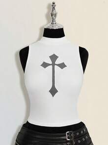 SHEIN ICON 女士修身休闲交叉透视高领背心 - 白色 - 查看 3