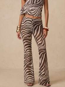 Glamine 女士中腰斑马纹阔腿裤 - 透明网纱内衬，蘑菇边设计，波西米亚风休闲性感阔腿裤 - 棕色 - 查看 3