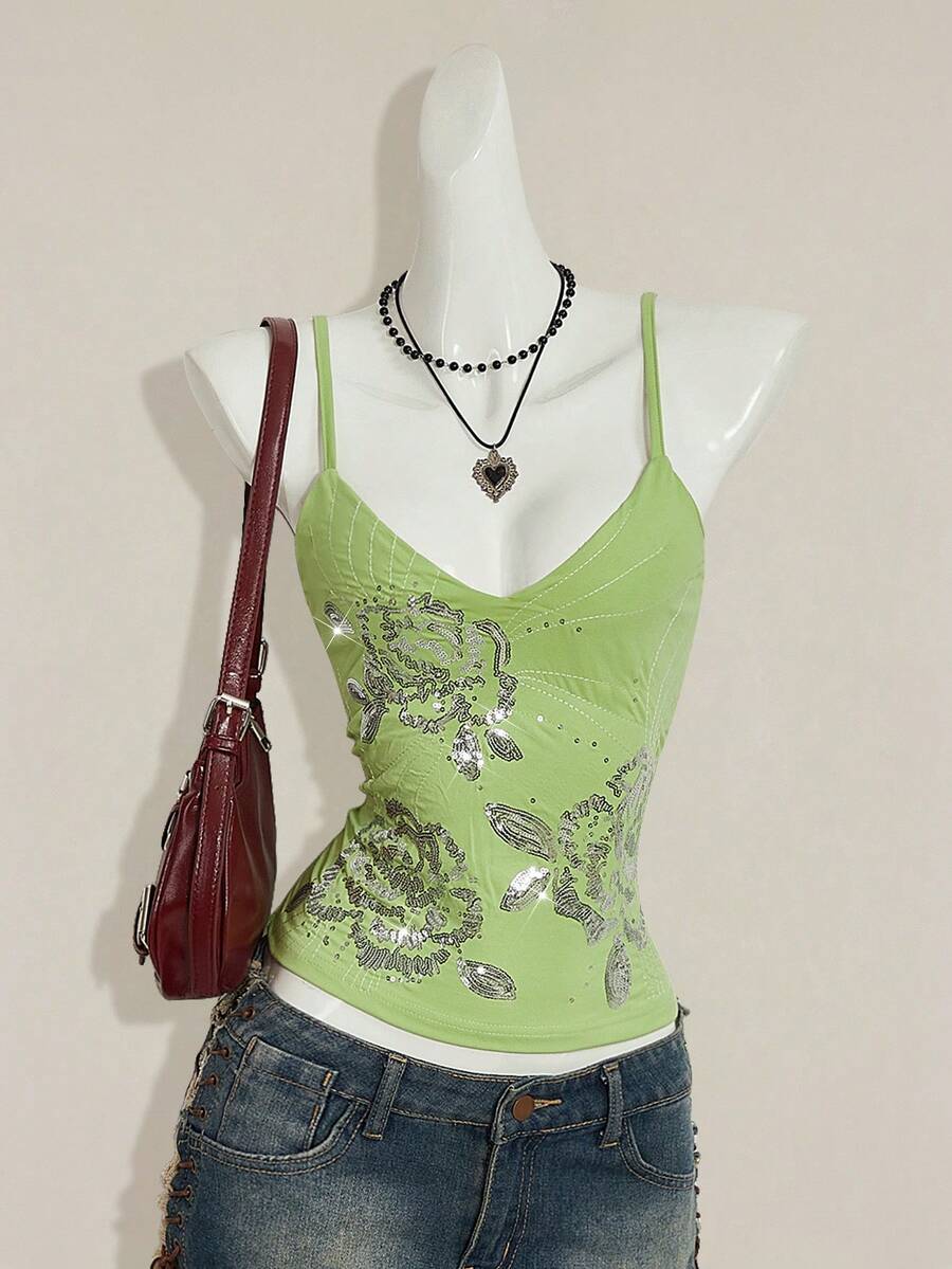 SHEIN ICON Y2K夏季女士外出复古波西米亚风度假闪亮亮片刺绣吊带背心 - 藍色 - 查看 1