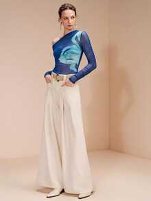 SHEIN Revavyn 女款斜肩長袖百褶透視性感修身時尚上衣 - 藍色 - 查看 8