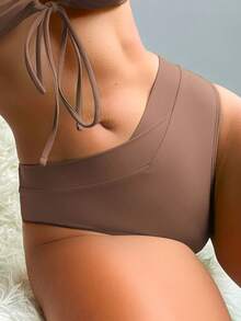Swim Basics 女士性感夏季度假休闲交叉腰带纯色沙滩比基尼泳裤 - 咖啡棕 - 查看 3