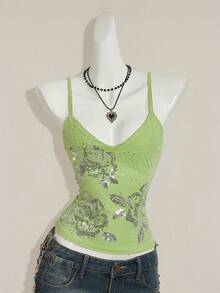 SHEIN ICON Y2K夏季女士外出复古波西米亚风度假闪亮亮片刺绣吊带背心 - 藍色 - 查看 4