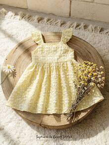 Cozy Pixies Cozy Pieces 女婴可爱夏季蝴蝶结镂空黄色短袖连衣裙 - 黃色 - 查看 5