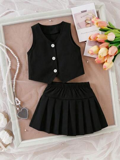 SHEIN Elladie kids 2pcs/Set Baby Girls' Comfortable Sleeveless V-Neck Top, 3-7 Years Old Baby Girl Casual Versatile Top, Paired With Black Pleated Skirt, Pleated Design Makes The Skirt More Lively. Adds Sweet And Fashionable Vibe, Suitable For Various Occasions Like Outdoor Activities, Family Gatherings, Etc. Suitable For Summer