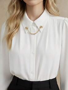 BizChic Camisa de mujer con botones de cadena de metal para otoño, blusa formal elegante para oficina y uso urbano, estilo casual de negocios - Blanco - Ver 10
