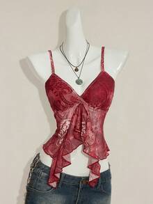 SHEIN ICON 女士时尚不对称印花吊带背心，夏季 - 酒紅色 - 查看 4