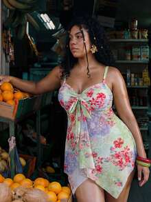 Swim Vcay 2026 Spring/Summer Plus Size Ditsy Floral Bikini Set, Casual Vacation Women Swimwear - Multicolor - View 4