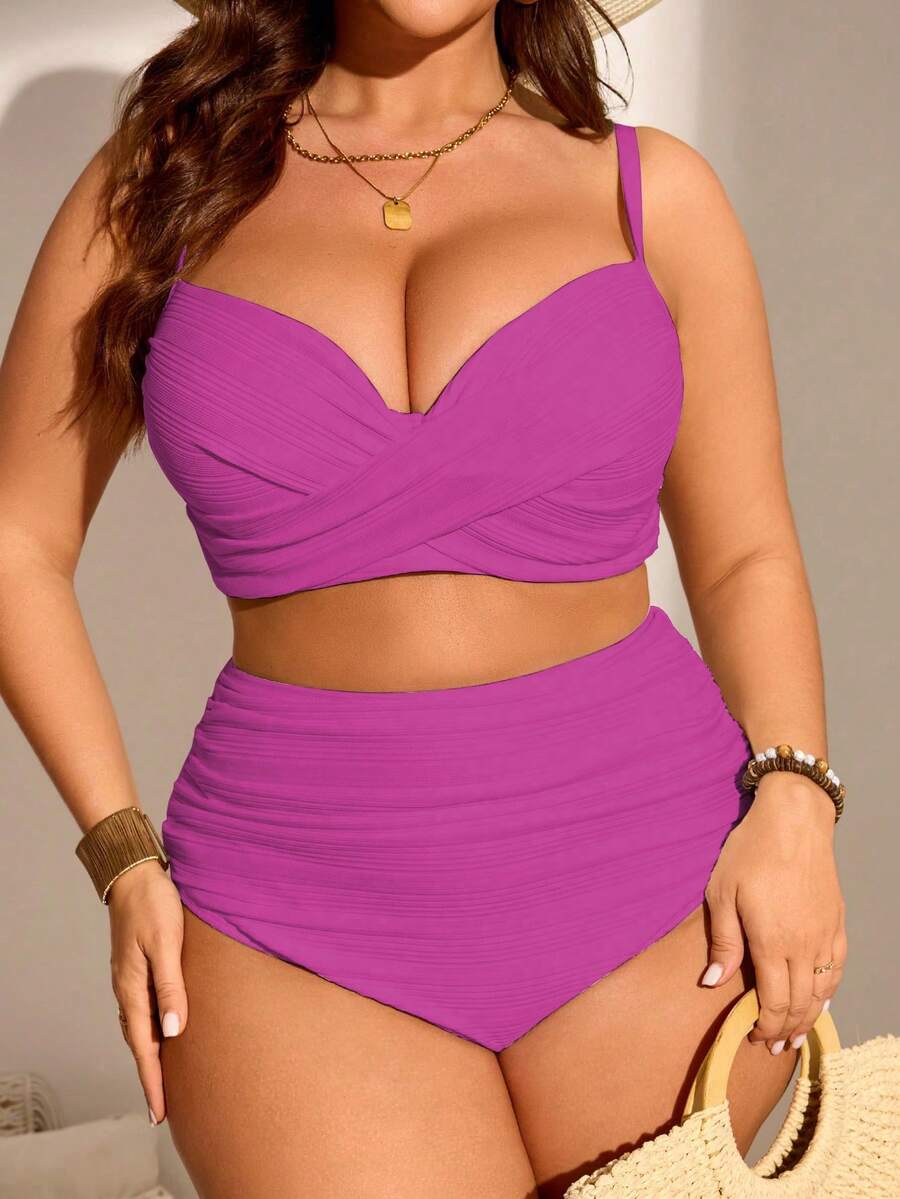 SHEIN Swim Curve Plus Size Women 2pcs Solid Color Gather Spaghetti Strap Bikini Swimsuit Set, Vacation Outfit - Purple - View 1