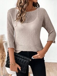 EMERY ROSE Suéter de mujer de unicolor, cuello redondo, casual, versátil y de uso diario - Volcanic Gray - Ver 3