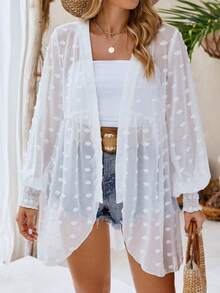 Plus Size Women's Solid Color Textured Chiffon Cutout Jacquard Chiffon Cover Up, Mid-Length Sleeve Gathered Lantern Sleeve Sun Protection Shawl Collar Open Front Irregular Hem Elegant Cover Up, Suitable For Beach, Vacation, Casual, Commute, Summer New Arrival Chiffon Cover Up Top, Loose Fit, Versatile, Holiday - White - View 6