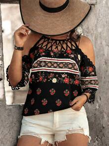 EMERY ROSE Camisa de hombros descubiertos con corte láser de talla grande, elegante y casual para vacaciones - Negro - Ver 6