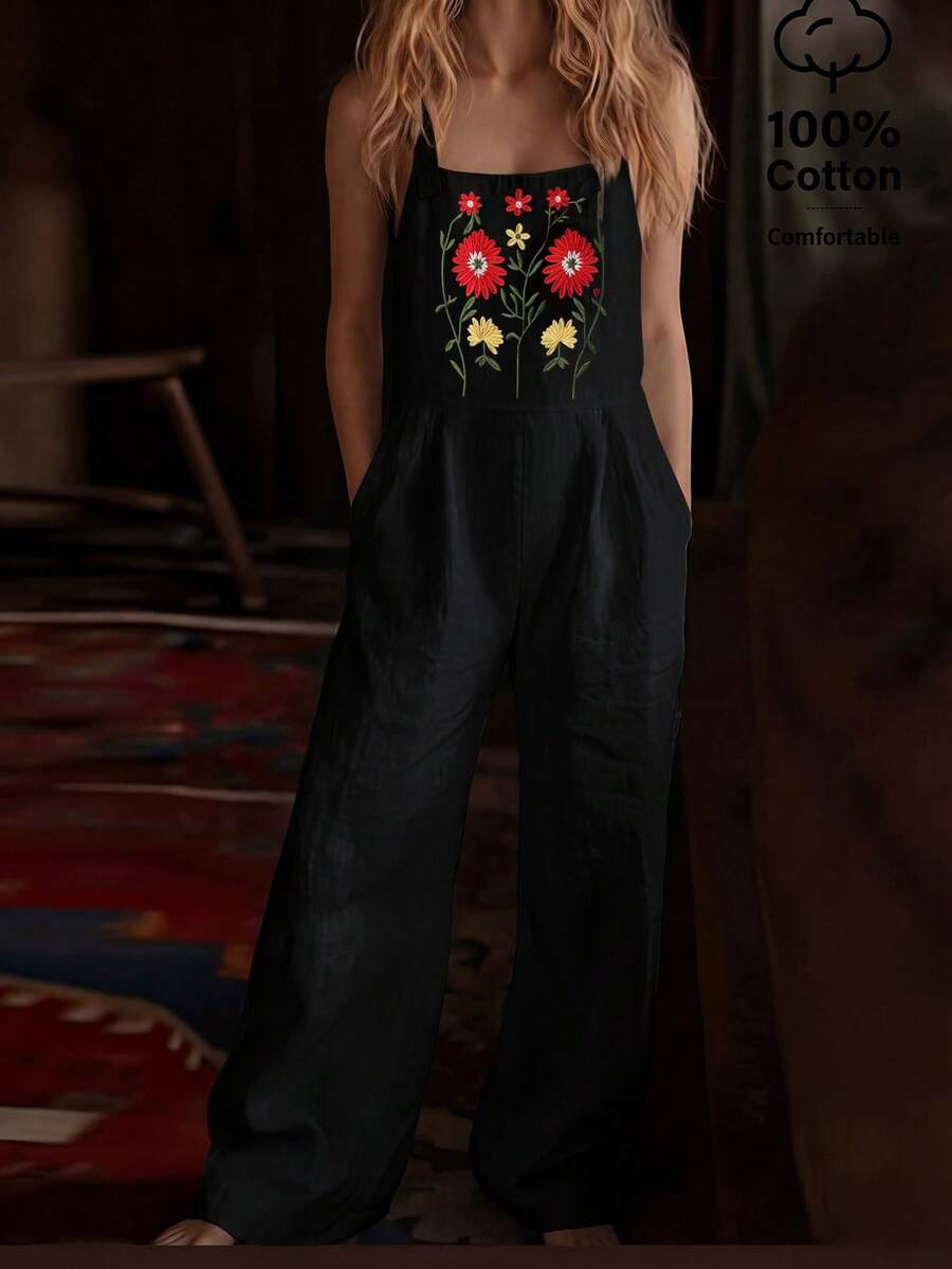 EMERY ROSE Women's Cotton Embroidered Pocket Jumpsuit - Black - View 1