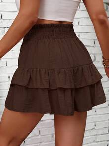 Breezaya Pantalones cortos casuales y versátiles de unicolor con pliegues para mujer de talla grande - Marrón - Ver 2