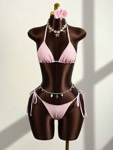 Zestiva Bộ đồ bơi mùa hè 3 món dành cho nữ: Áo bikini tam giác bằng ren jacquard lưới buộc dây cổ, quần bikini buộc dây bên hông và áo thun lưới bất đối xứng, bộ đồ bơi đi biển. - Hồng - Xem 4