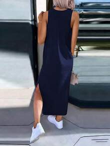 INAWLY Vestido casual minimalista de mujer de unicolor con cuello redondo y diseño de abertura para fiestas y salidas - Azul Marino - Ver 4