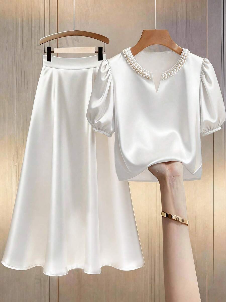 Franclia Women's Solid Color Minimalist Daily Wear Pearl Decor Short Sleeve Top And Skirt 2-Piece Set - White - View 1