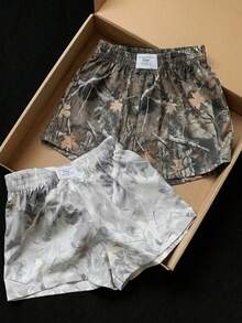 SHEIN EZwear 2件組大尺碼樹枝印花短褲，極簡百搭舒適休閒 Y2K 女款度假短褲，適合夏季 - 彩色 - 查看 5